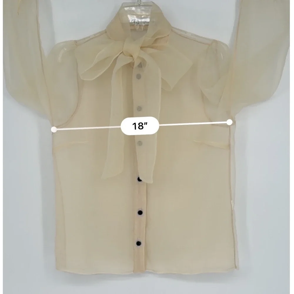 Zara Organza Bow Blouse Cream Sheer Button Front Top L Soft Femininity 102-08